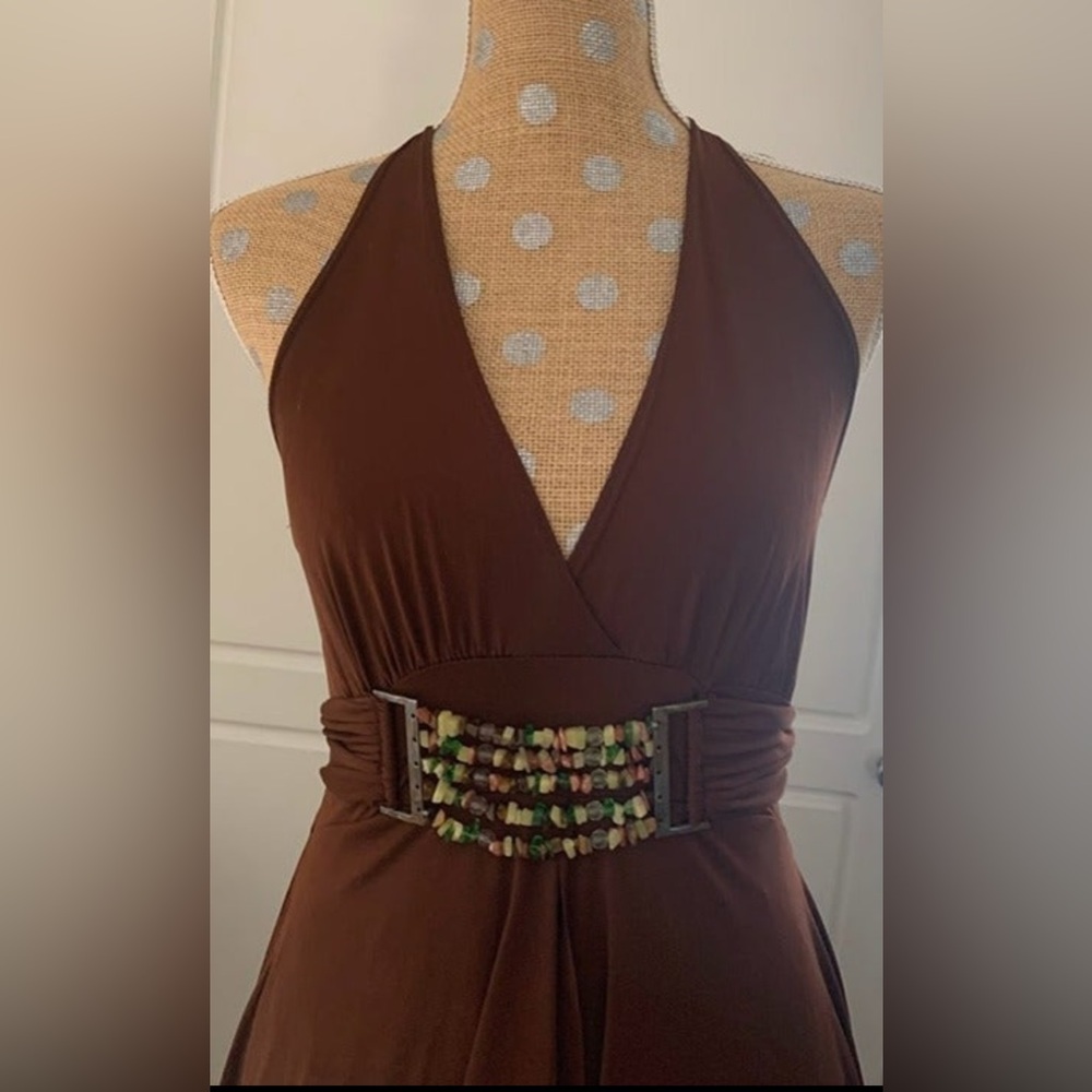 Via Monte Brown Beaded Wasit Long Halter Top